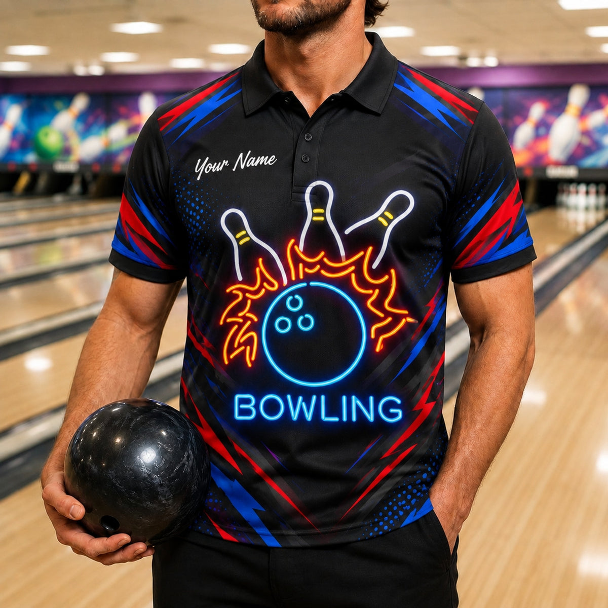 Neon Flaming Bowling Ball Sport Custom Bowling Polo Shirt Front View
