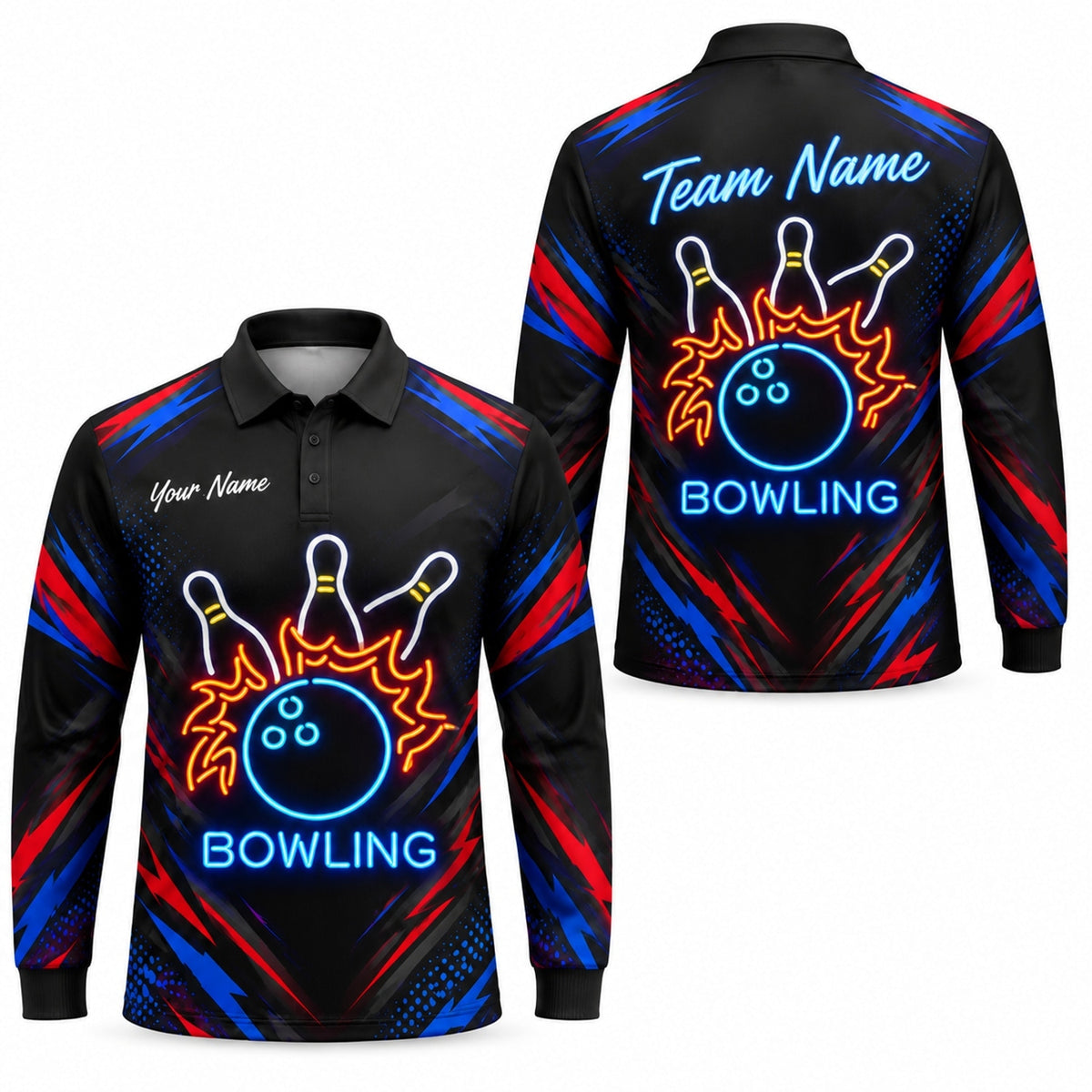 Neon Flaming Bowling Ball Sport Custom Bowling Polo Shirt Long Sleeve Polo