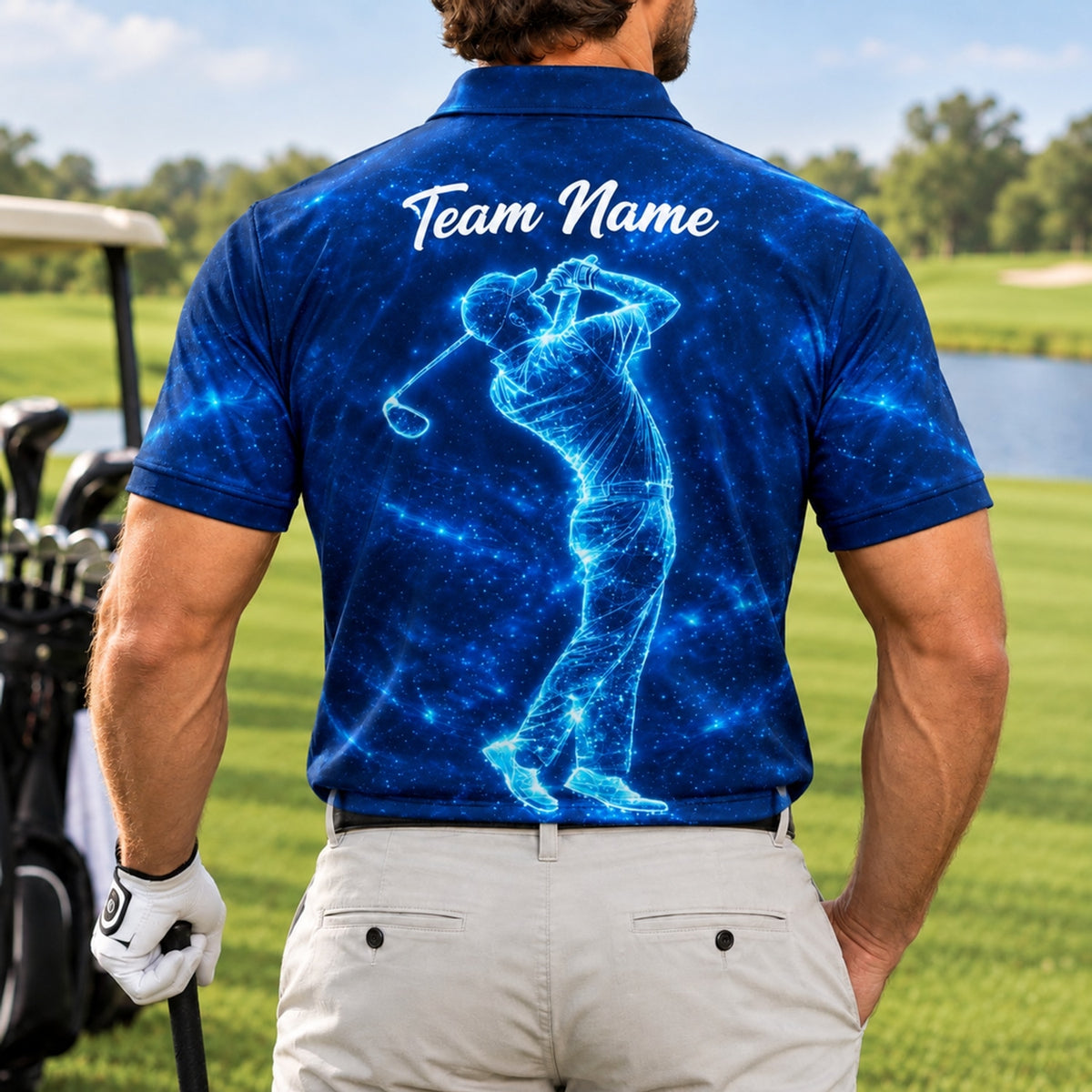 Neon Golfer Swing Silhouette Graphic Personalized Golf Polo Shirt Back View