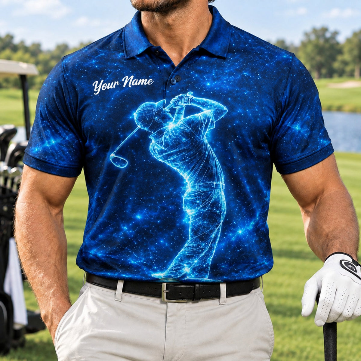 Neon Golfer Swing Silhouette Graphic Personalized Golf Polo Shirt Front View
