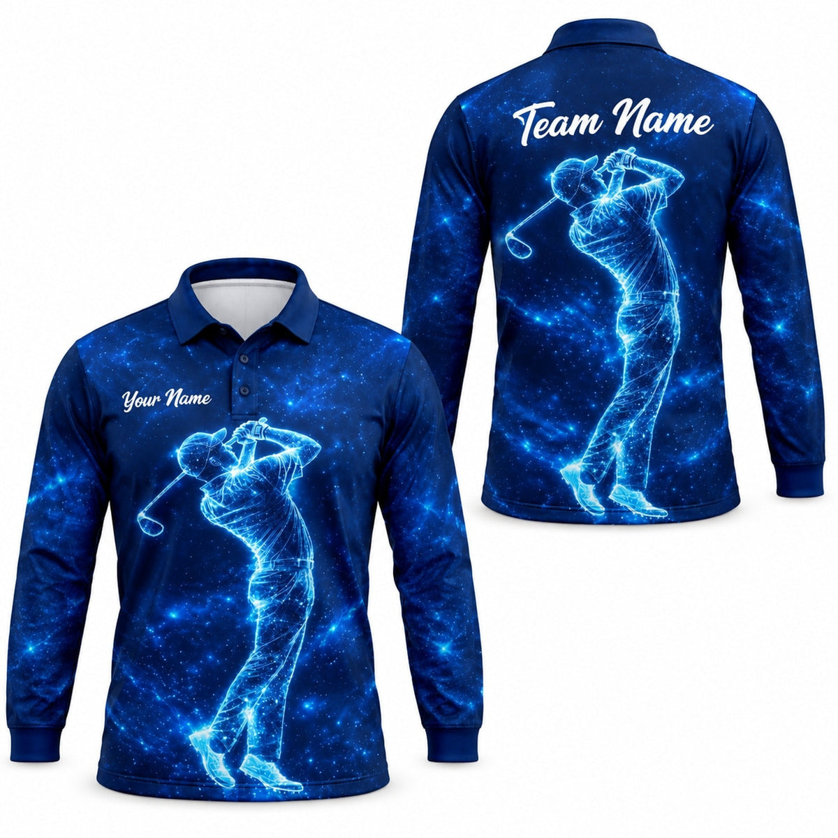 Neon Golfer Swing Silhouette Graphic Personalized Golf Polo Shirt Long Sleeve Polo