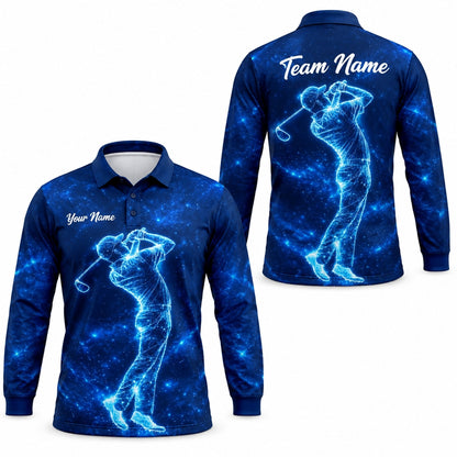Neon Golfer Swing Silhouette Graphic Personalized Golf Polo Shirt Long Sleeve Polo
