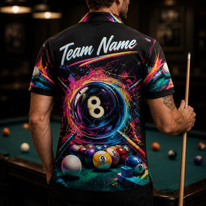 Neon Splash 8 Ball Graphic Personalized Billiard Polo Shirt Back View
