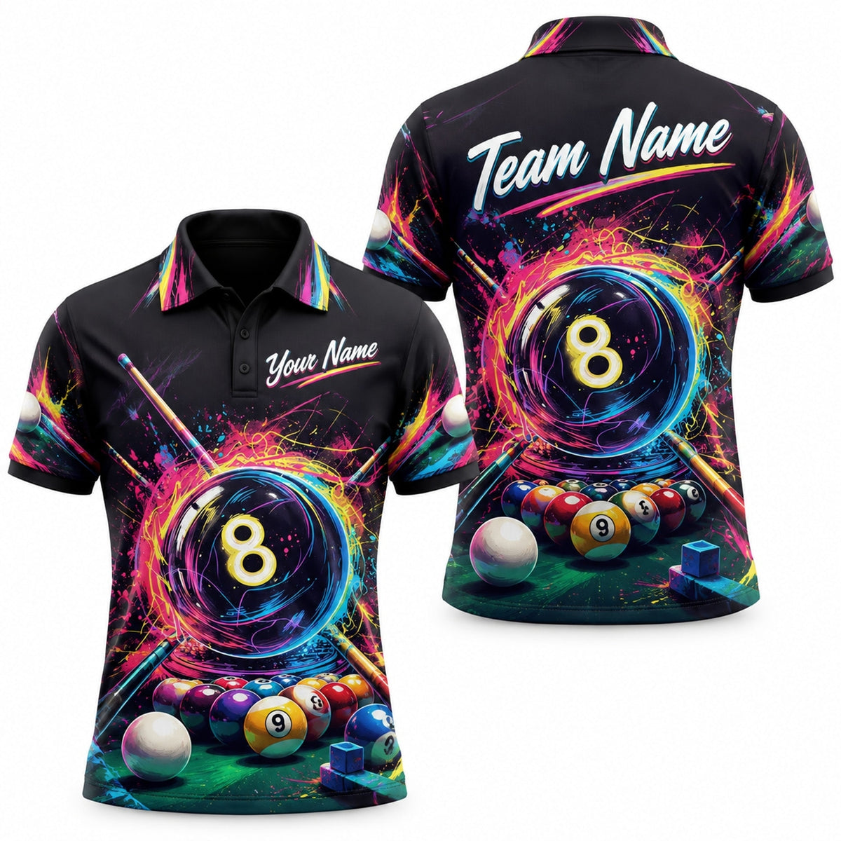 Neon Splash 8 Ball Graphic Personalized Billiard Polo Shirt