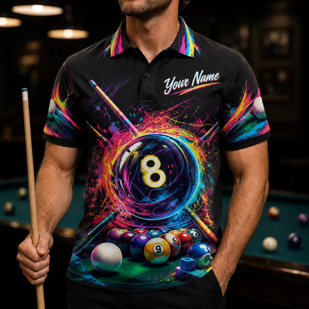 Neon Splash 8 Ball Graphic Personalized Billiard Polo Shirt Front View
