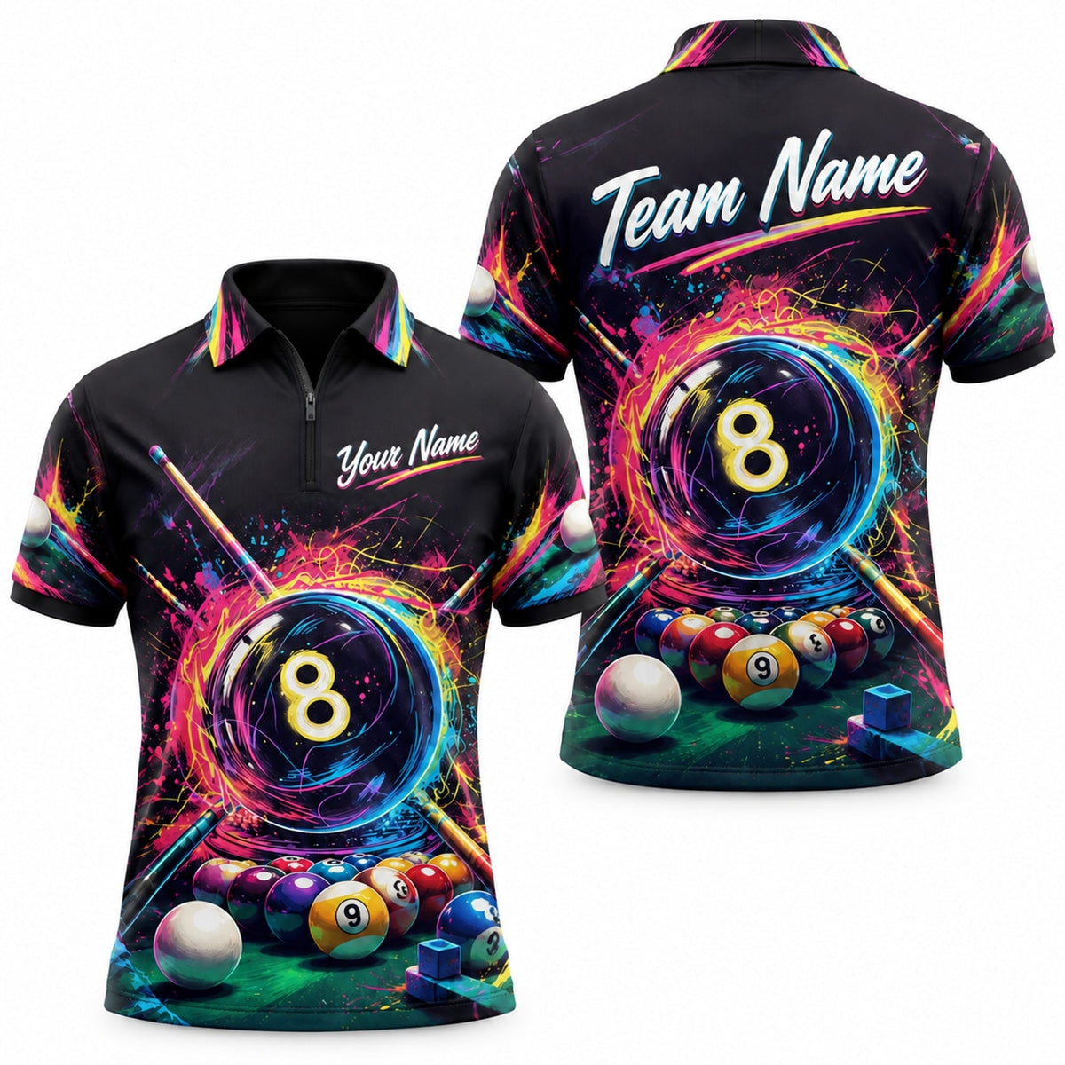 Neon Splash 8 Ball Graphic Personalized Billiard Polo Shirt Jersey Zip 1 4 Collar