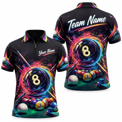 Neon Splash 8 Ball Graphic Personalized Billiard Polo Shirt Jersey Zip 1 4 Collar