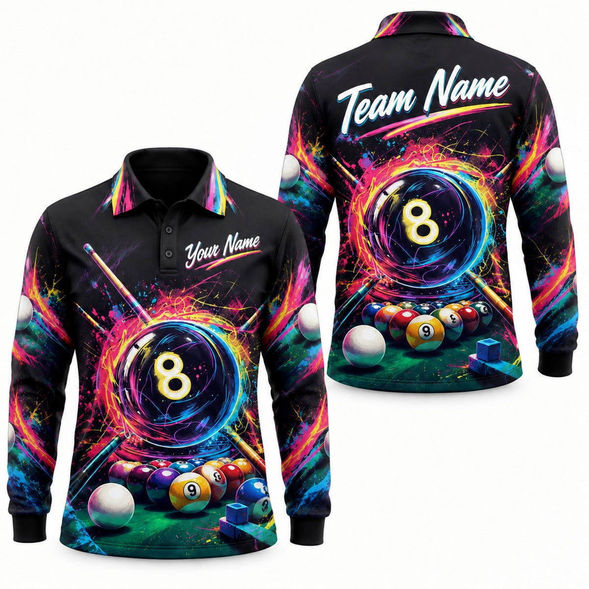 Neon Splash 8 Ball Graphic Personalized Billiard Polo Shirt Long Sleeve Polo
