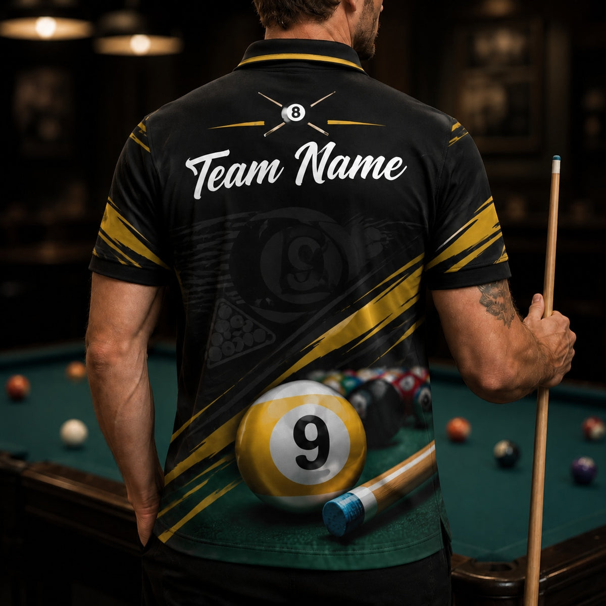 Nine Ball Cue Graphic Personalized Billiard Polo Shirt Back View