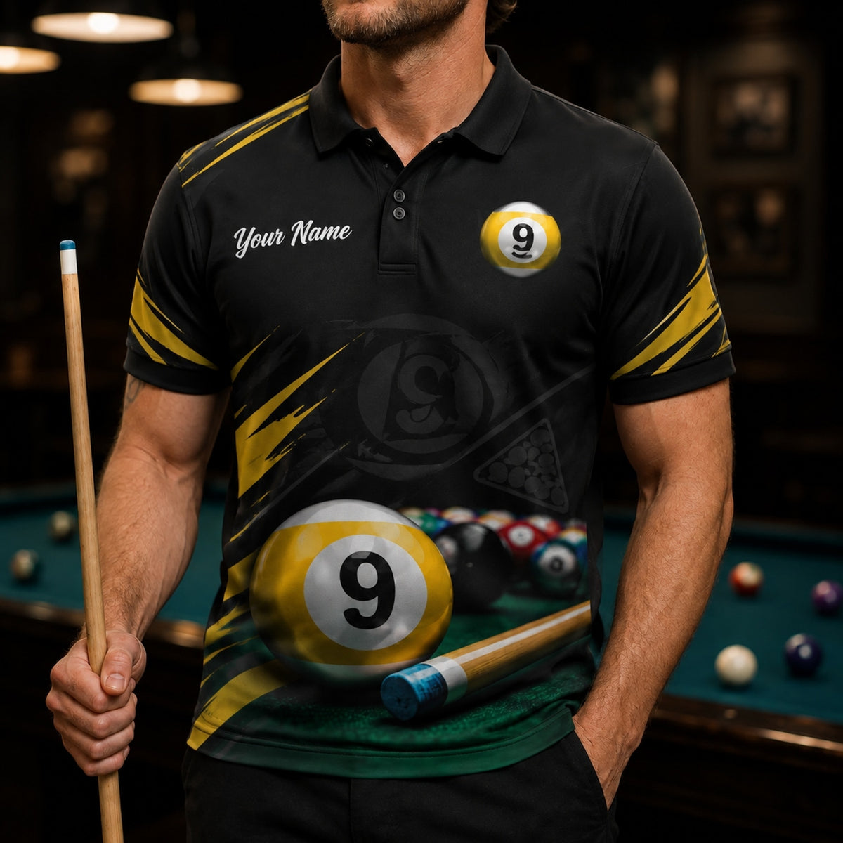 Nine Ball Cue Graphic Personalized Billiard Polo Shirt Front View