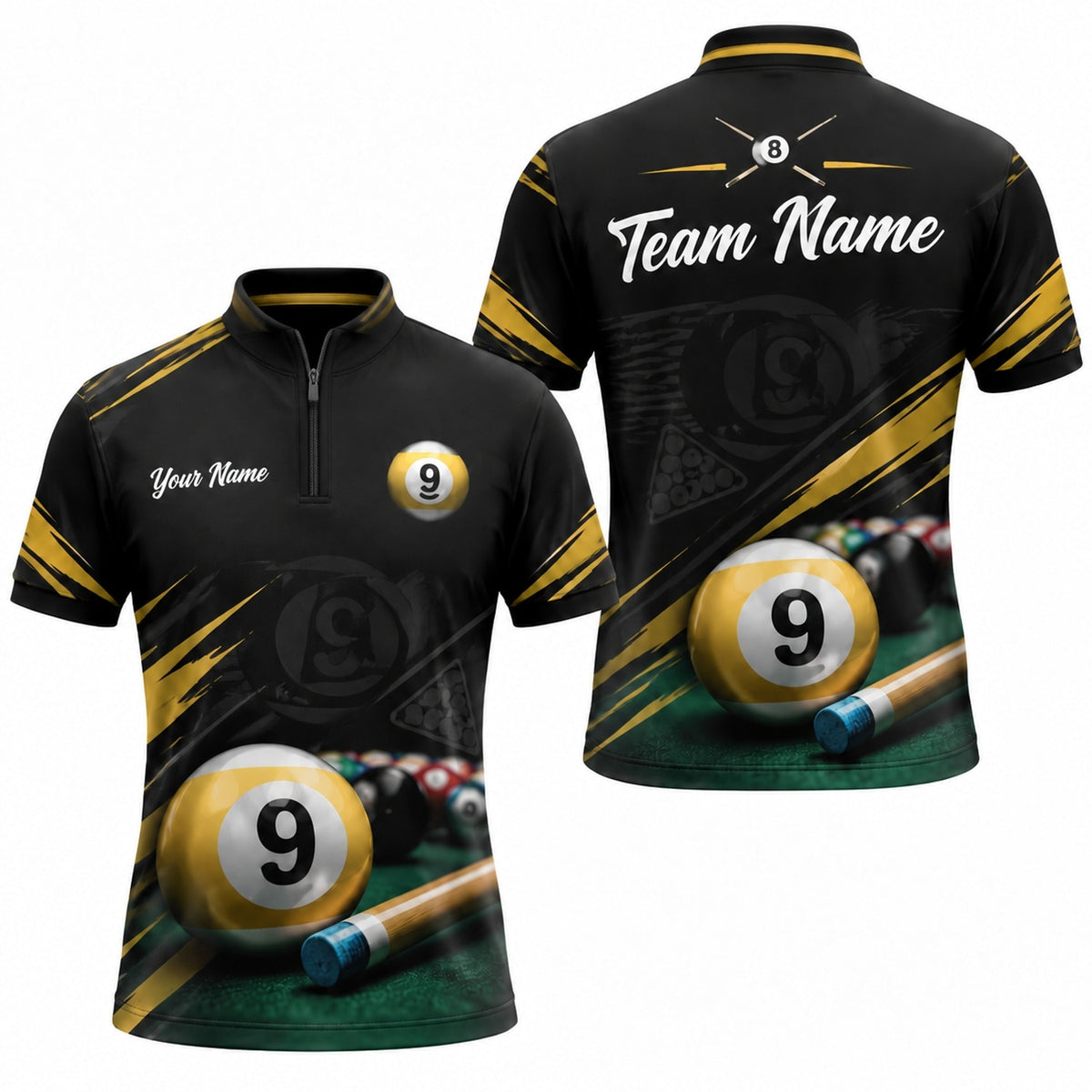 Nine Ball Cue Graphic Personalized Billiard Polo Shirt Jersey Zip 1 4 Collar
