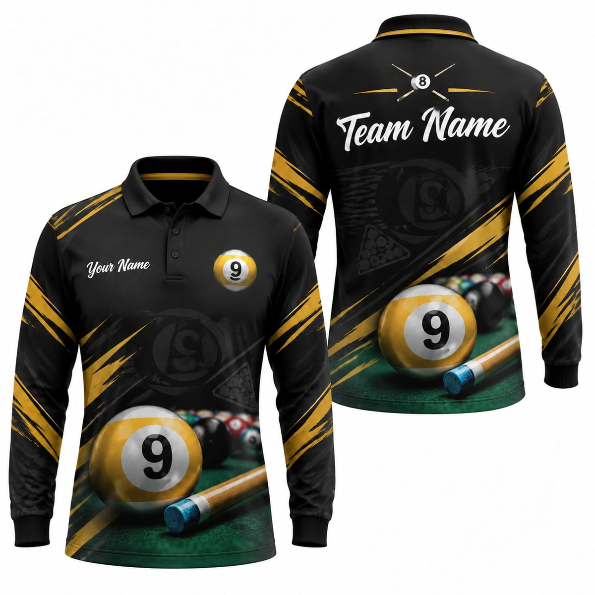 Nine Ball Cue Graphic Personalized Billiard Polo Shirt Long Sleeve Polo