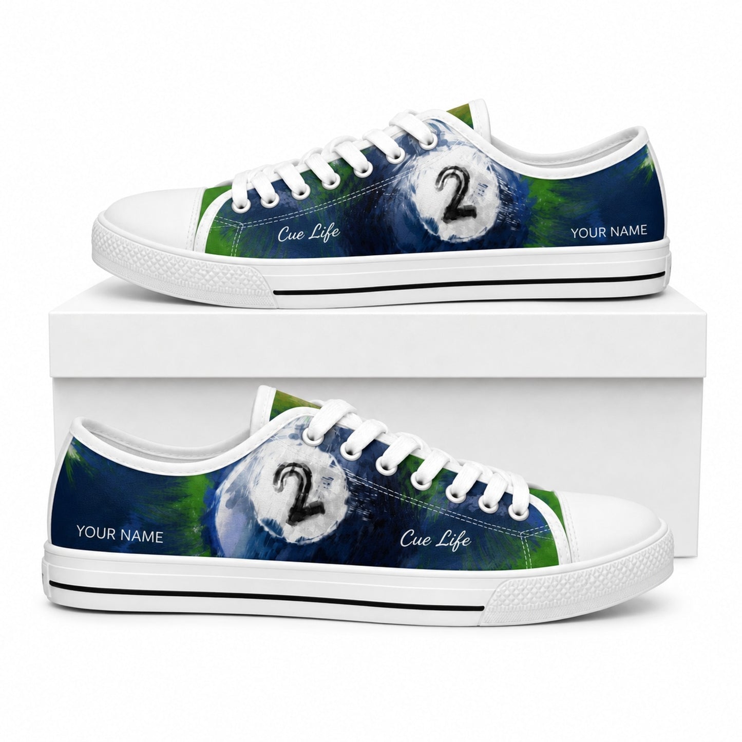 Number 2 Eight Ball Graphic Personalized Low Top Shoes Box White