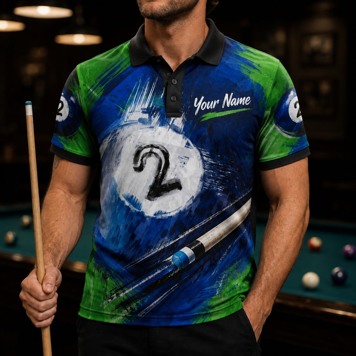 Number 2 Pool Ball Sport Custom Billiard Polo Shirt Front View