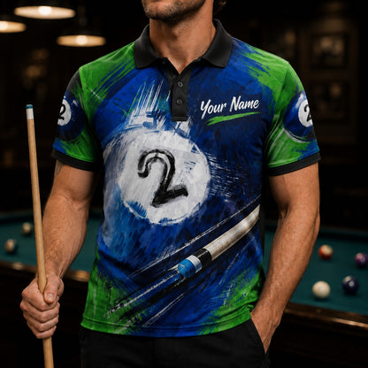 Number 2 Pool Ball Sport Custom Billiard Polo Shirt Front View