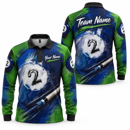 Number 2 Pool Ball Sport Custom Billiard Polo Shirt Long Sleeve Polo
