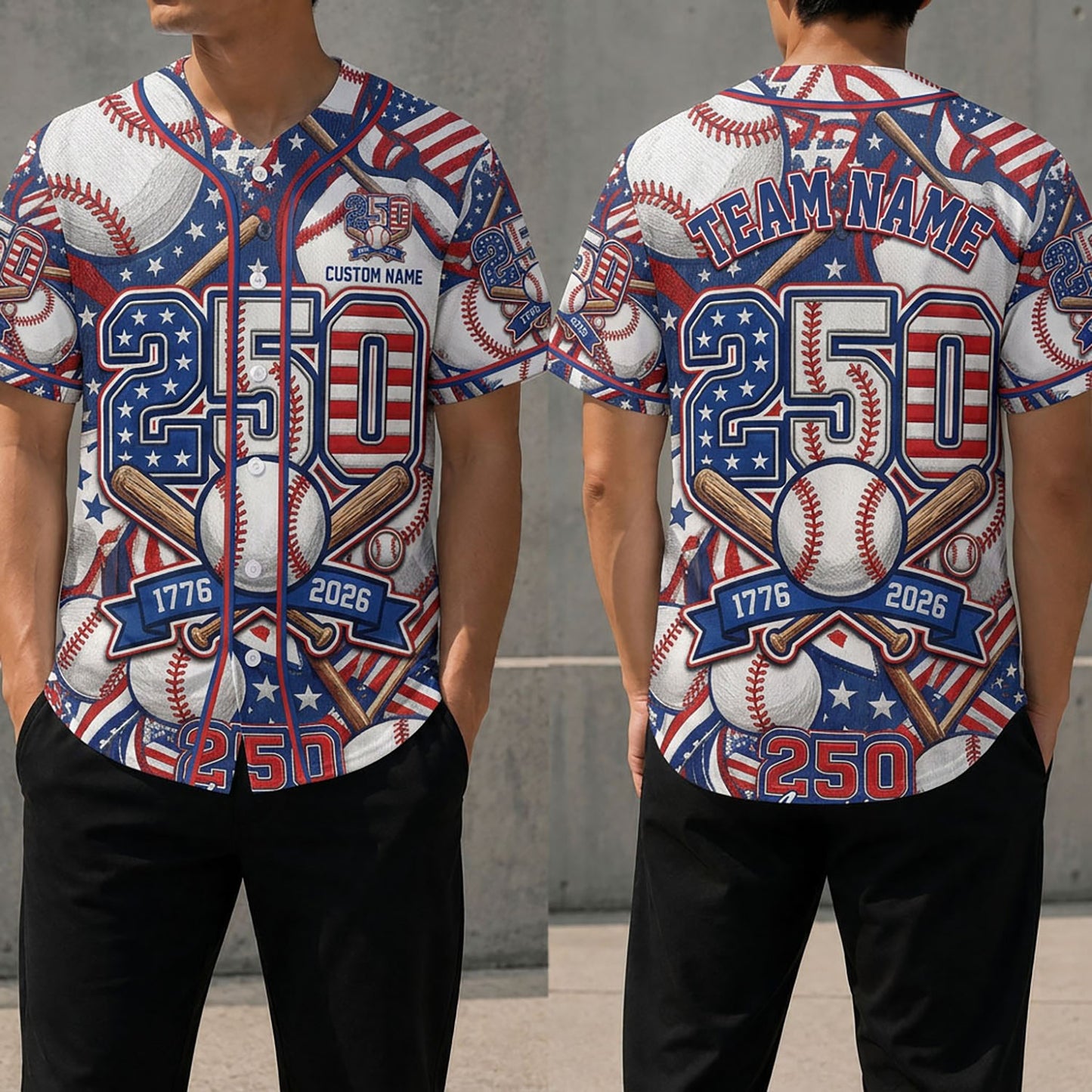 Front And Back View Of The Patriotic 250th Anniversary Baseball Jersey Featuring American Flag Motifs And Baseball Elements