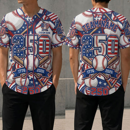 Front And Back View Of The Patriotic 250th Anniversary Baseball Jersey Featuring American Flag Motifs And Baseball Elements