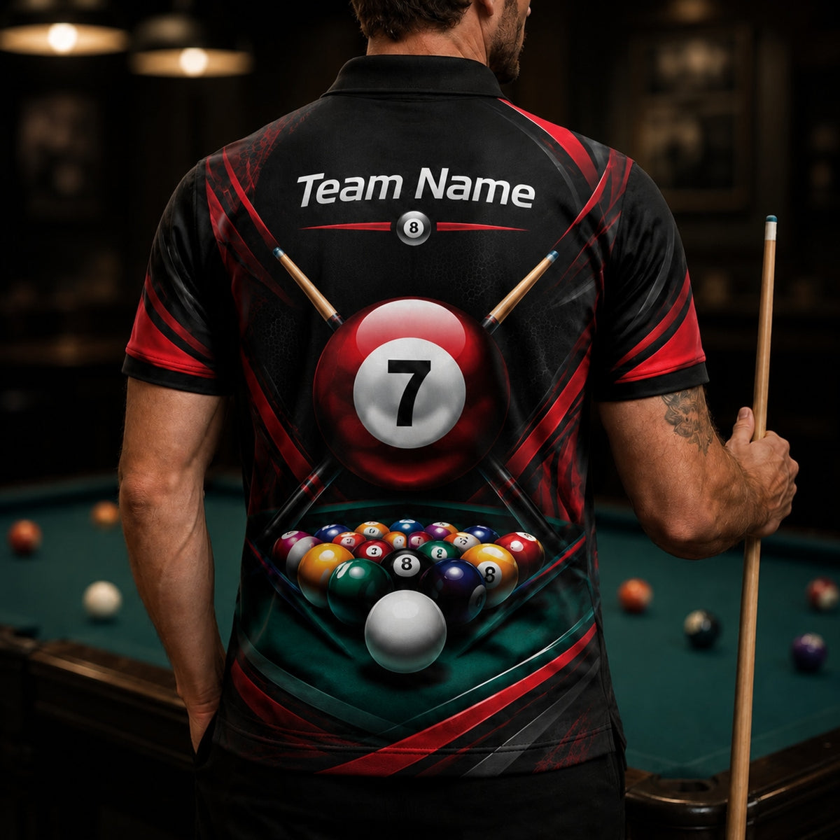 Number 7 Pool Ball Sport Personalized Billiard Polo Shirt Back View