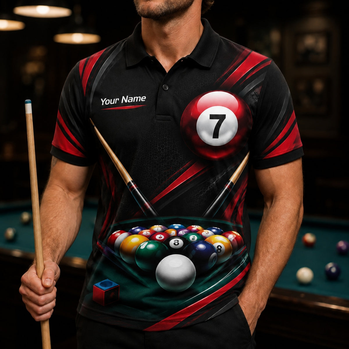 Number 7 Pool Ball Sport Personalized Billiard Polo Shirt Front View