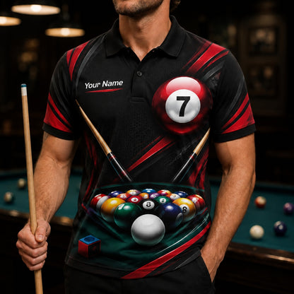 Number 7 Pool Ball Sport Personalized Billiard Polo Shirt Front View
