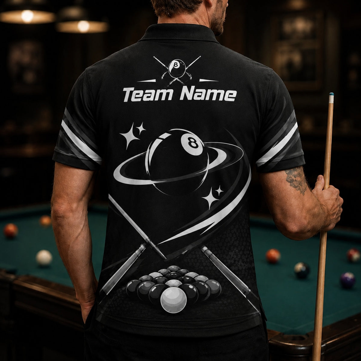 Orbiting 8 Ball Modern Personalized Billiard Polo Shirt Back View