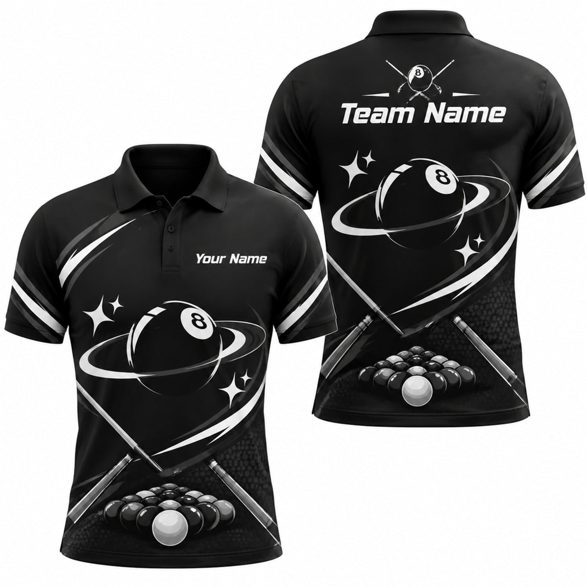 Orbiting 8 Ball Modern Personalized Billiard Polo Shirt