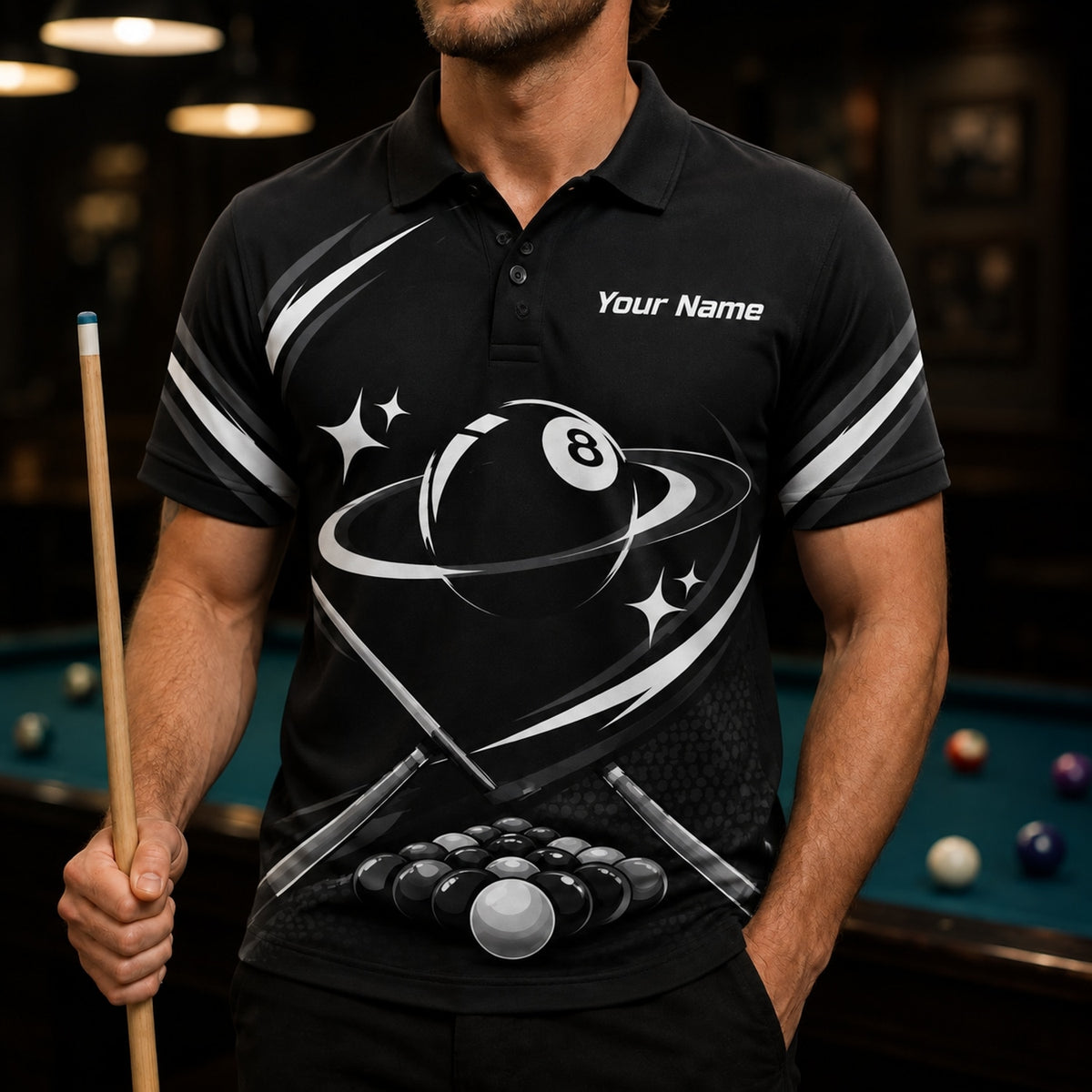 Orbiting 8 Ball Modern Personalized Billiard Polo Shirt Front View