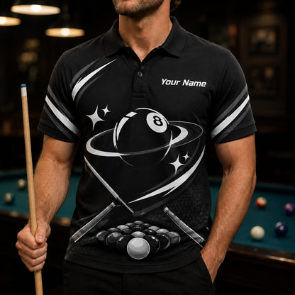 Orbiting 8 Ball Modern Personalized Billiard Polo Shirt Front View