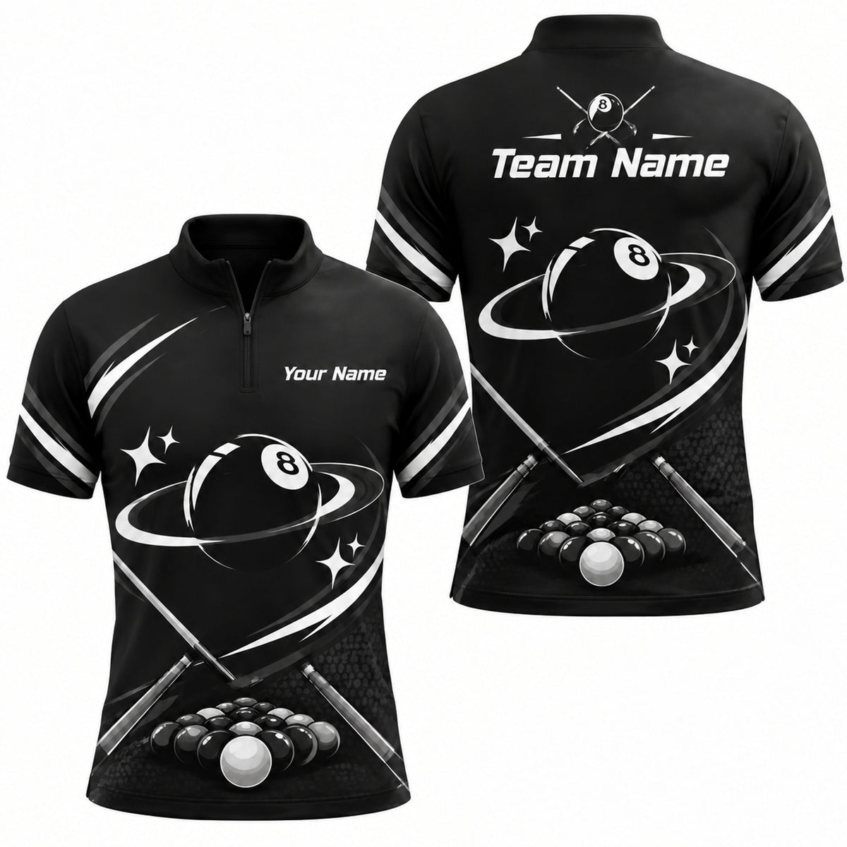 Orbiting 8 Ball Modern Personalized Billiard Polo Shirt Jersey Zip 1 4 Collar