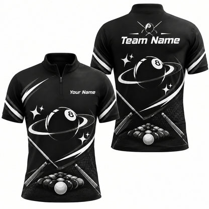 Orbiting 8 Ball Modern Personalized Billiard Polo Shirt Jersey Zip 1 4 Collar