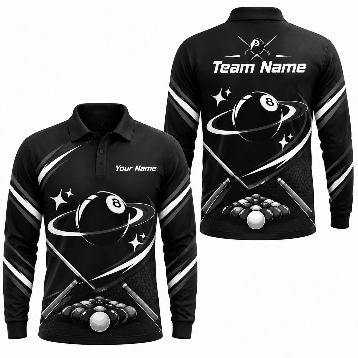Orbiting 8 Ball Modern Personalized Billiard Polo Shirt Long Sleeve Polo