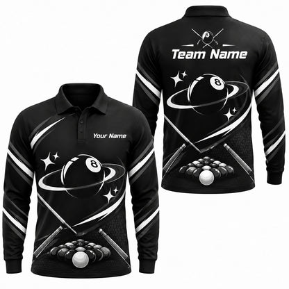 Orbiting 8 Ball Modern Personalized Billiard Polo Shirt Long Sleeve Polo