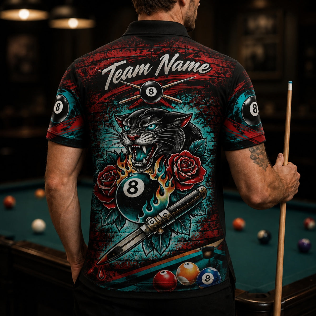 Panther Flaming 8 Ball Graphic Custom Billiard Polo Shirt Back View