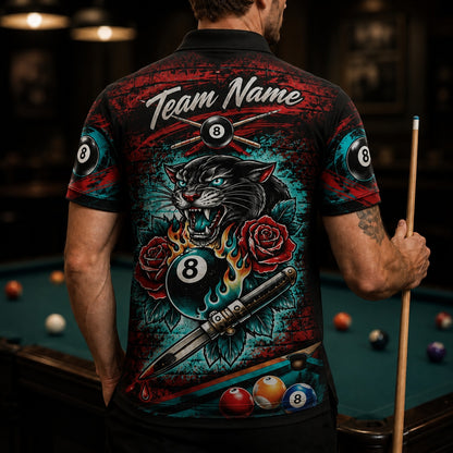 Panther Flaming 8 Ball Graphic Custom Billiard Polo Shirt Back View