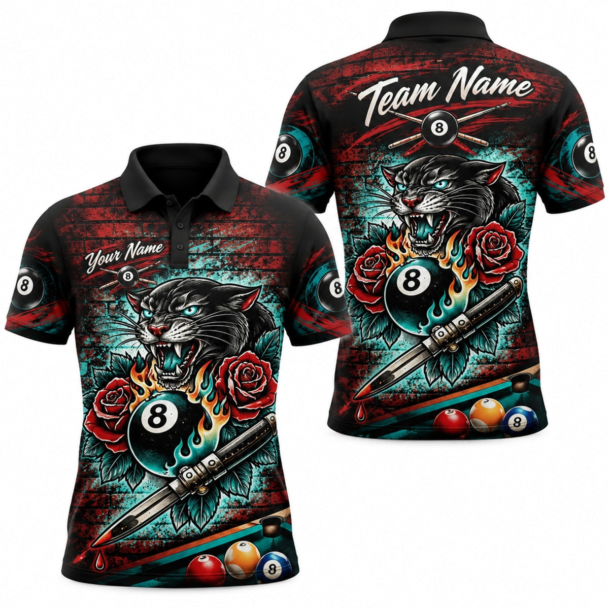 Panther Flaming 8 Ball Graphic Custom Billiard Polo Shirt