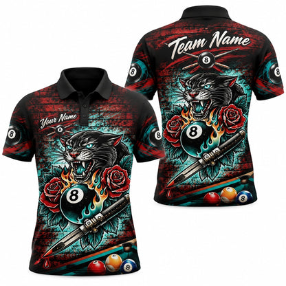Panther Flaming 8 Ball Graphic Custom Billiard Polo Shirt