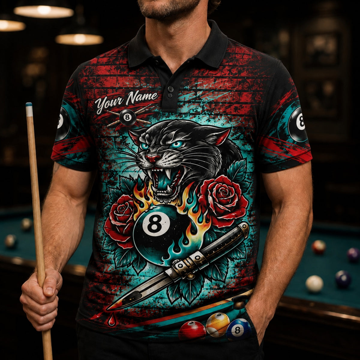 Panther Flaming 8 Ball Graphic Custom Billiard Polo Shirt Front View