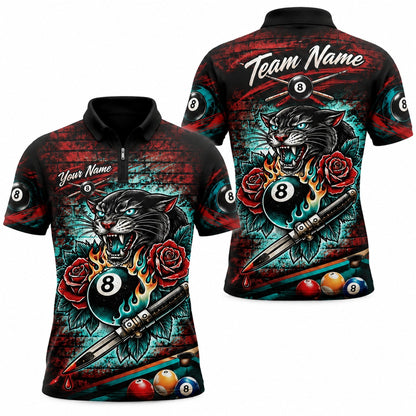 Panther Flaming 8 Ball Graphic Custom Billiard Polo Shirt Jersey Zip 1 4 Collar
