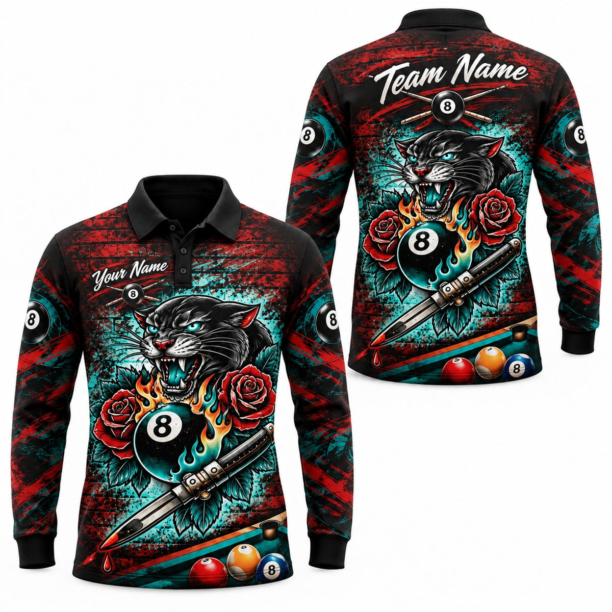 Panther Flaming 8 Ball Graphic Custom Billiard Polo Shirt Long Sleeve Polo