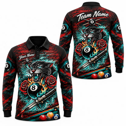 Panther Flaming 8 Ball Graphic Custom Billiard Polo Shirt Long Sleeve Polo