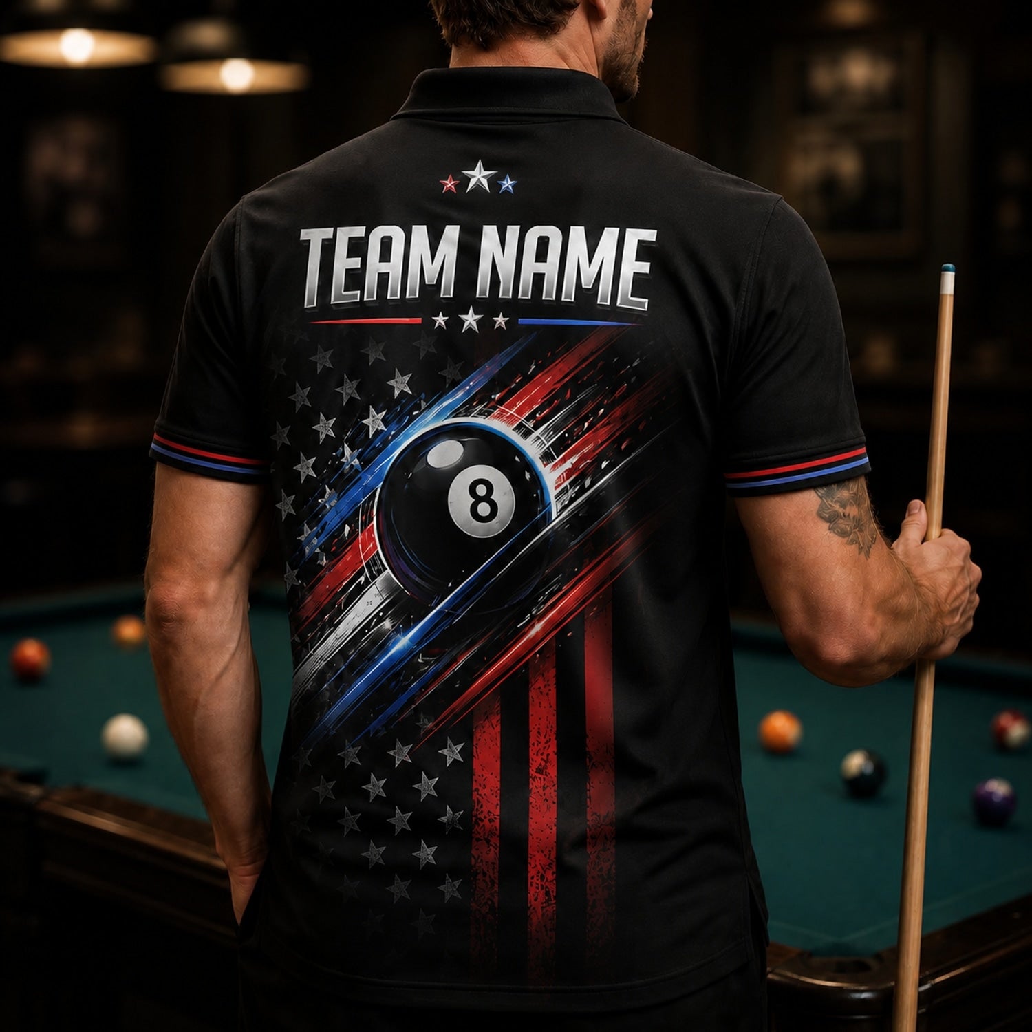 Patriotic 8 Ball Team Custom Billiard Polo Shirt Back View