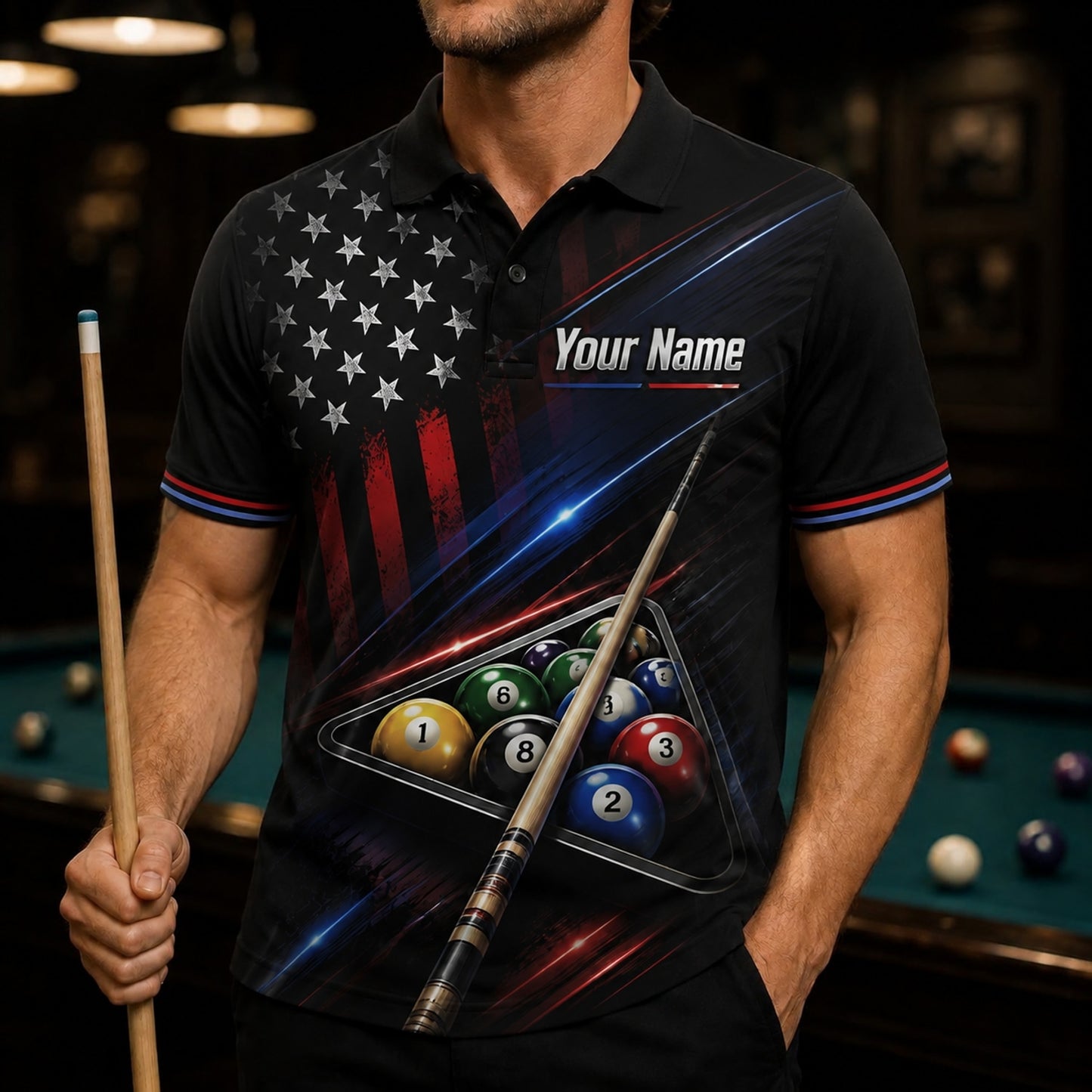 Patriotic 8 Ball Team Custom Billiard Polo Shirt Front View