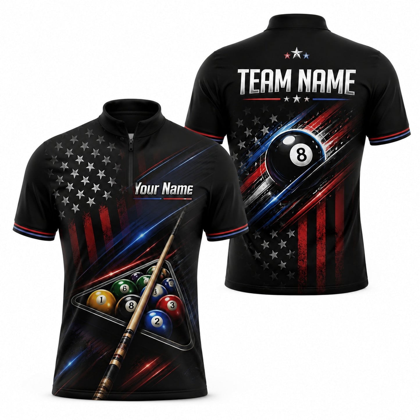 Patriotic 8 Ball Team Custom Billiard Polo Shirt Jersey Zip 1 4 Collar