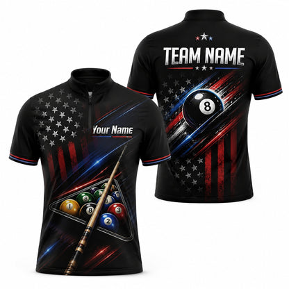 Patriotic 8 Ball Team Custom Billiard Polo Shirt Jersey Zip 1 4 Collar