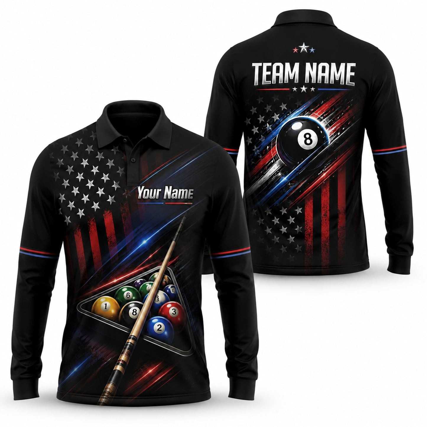 Patriotic 8 Ball Team Custom Billiard Polo Shirt Long Sleeve Polo