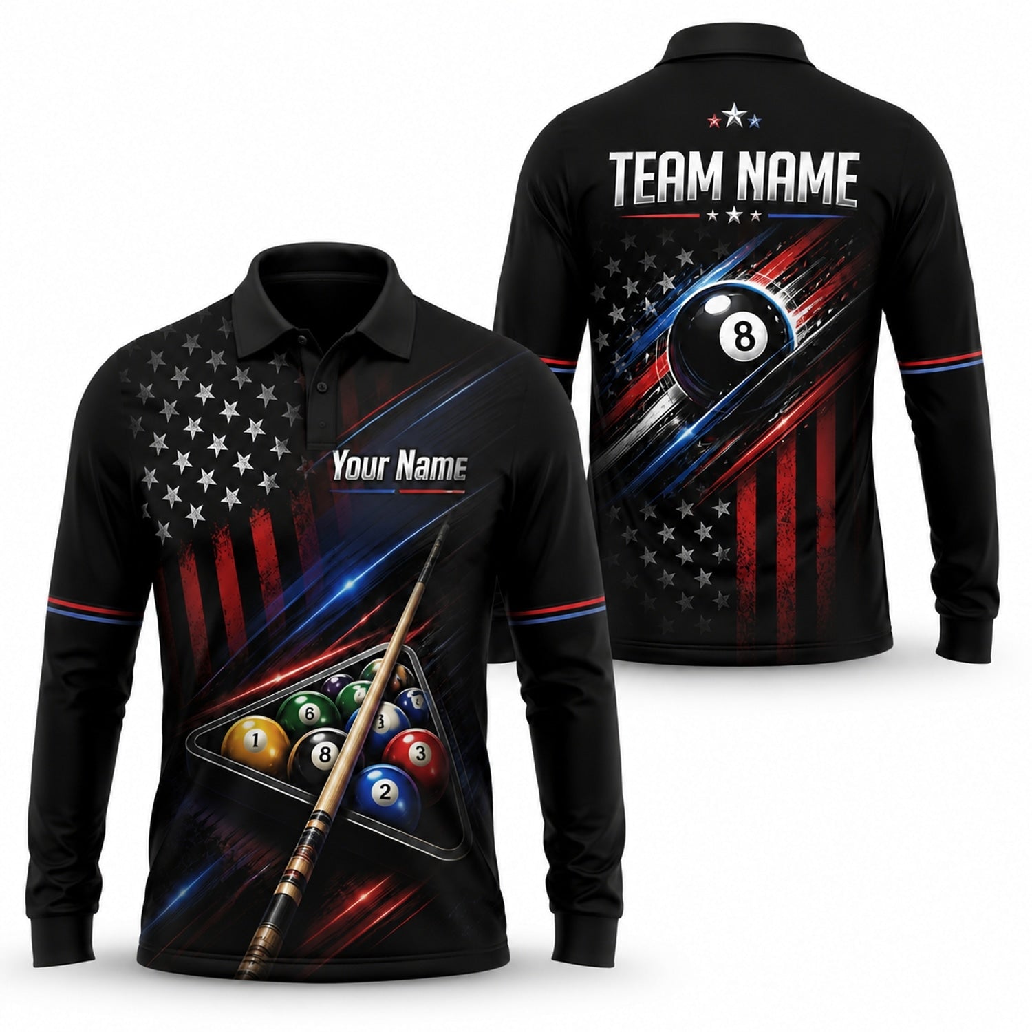 Patriotic 8 Ball Team Custom Billiard Polo Shirt Long Sleeve Polo