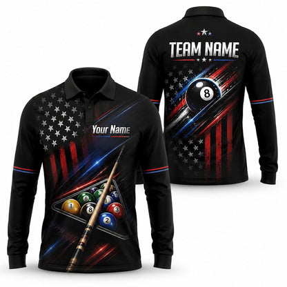 Patriotic 8 Ball Team Custom Billiard Polo Shirt Long Sleeve Polo