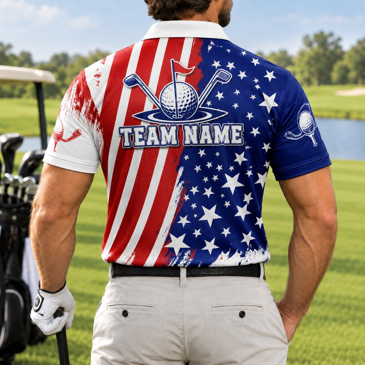 Patriotic Golf Ball Emblem Sport Personalized Golf Polo Shirt Back View