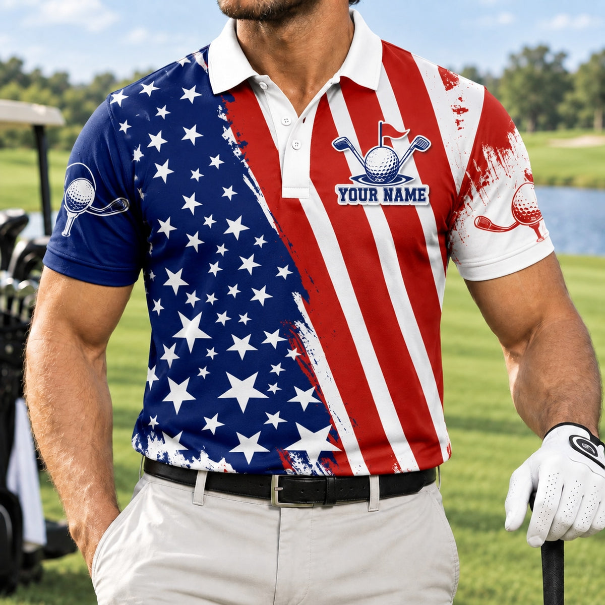 Patriotic Golf Ball Emblem Sport Personalized Golf Polo Shirt Front View
